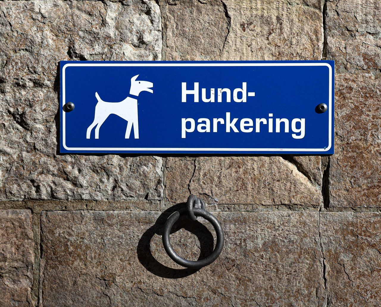 Blue sign with dog illustration and 'Hundparkering' text on a stone wall.